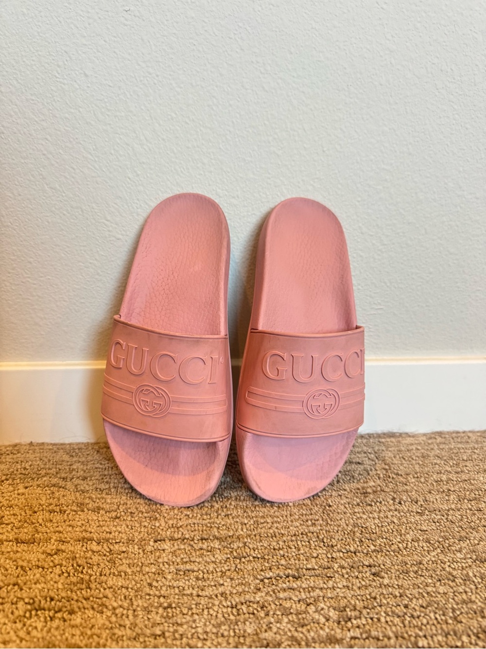 Gucci Pink Rubber Logo Slide Sandals